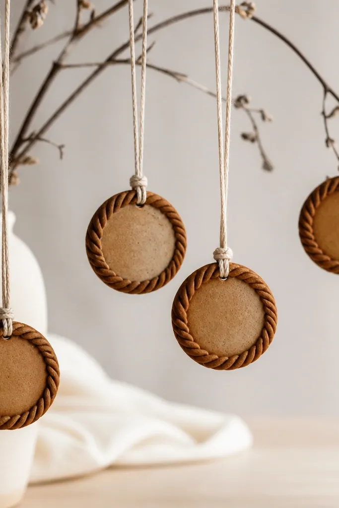 Ornaments shaped like small circles with a raised rope pattern around the edge. The rope texture is darker cinnamon and the center is smoother. They hang on cream twine.
