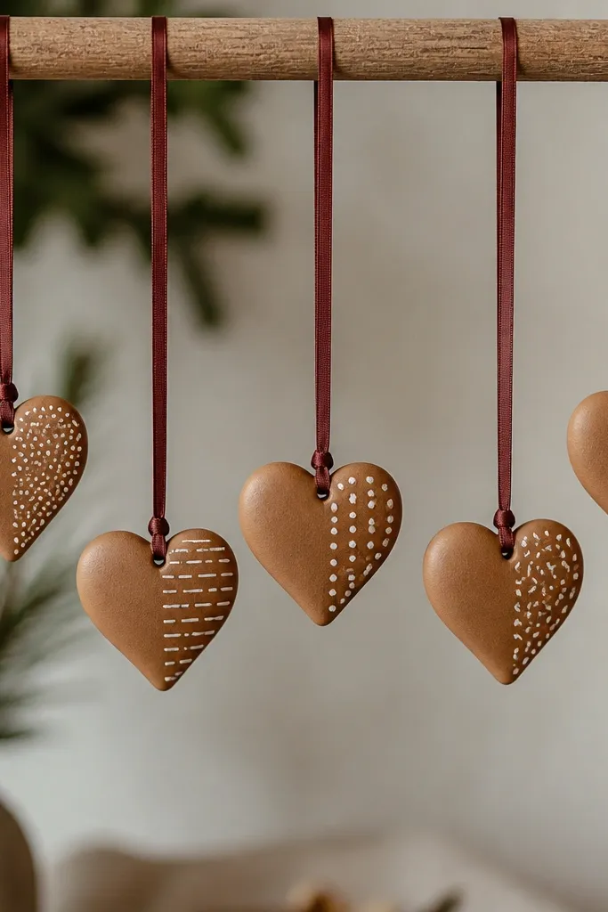Small heart ornaments in cinnamon tan with a single side stenciled pattern, like tiny dots or lines, on one half only. The other half stays plain. They hang from thin red-brown ribbon.