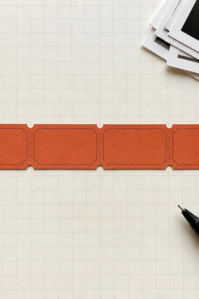 Off-white scrapbook page with a terracotta strip holding ticket stubs