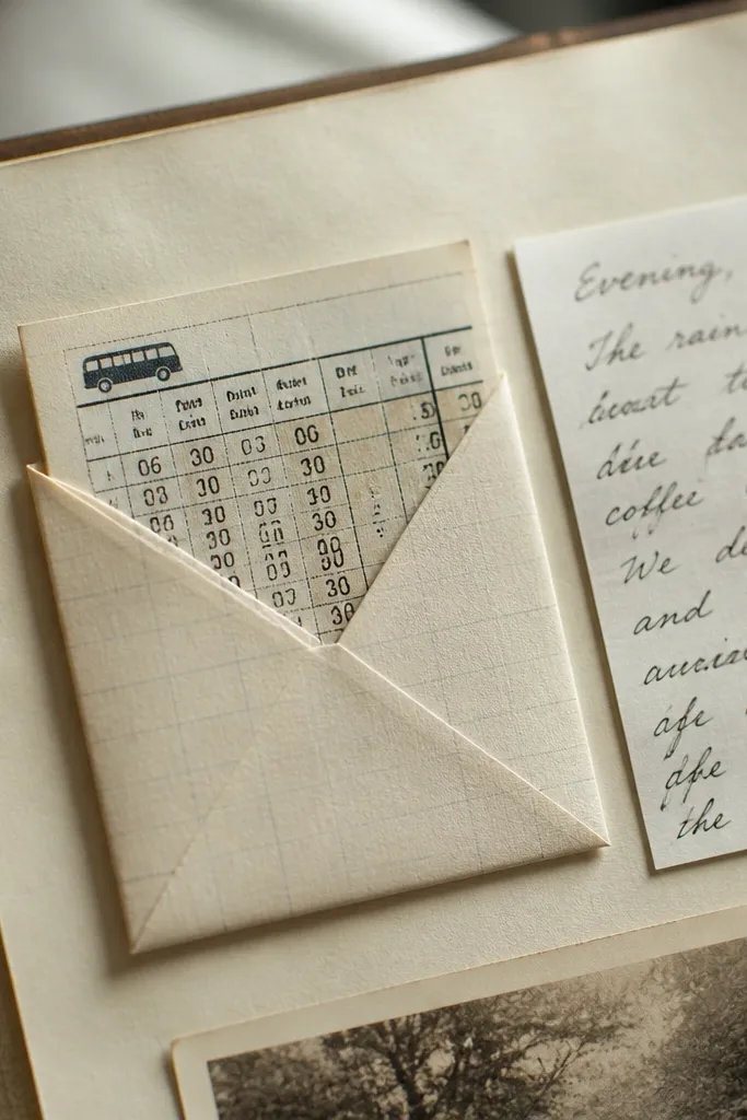 Scrapbook page with a small receipt-sized envelope pocket holding notes
