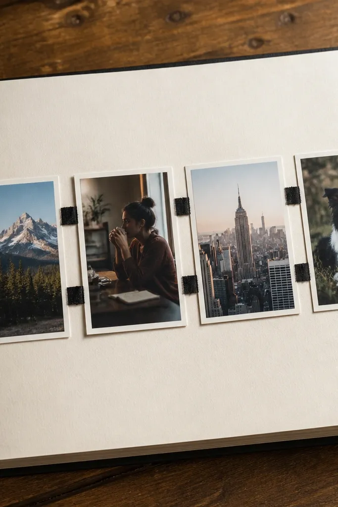 Two or three photos with matte black tape hinges on a light background