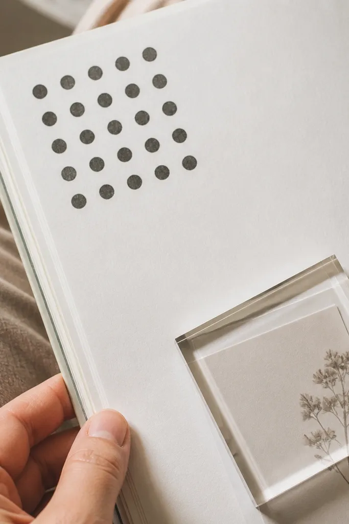 Off-white page with small stencil dots and a clear label block with date