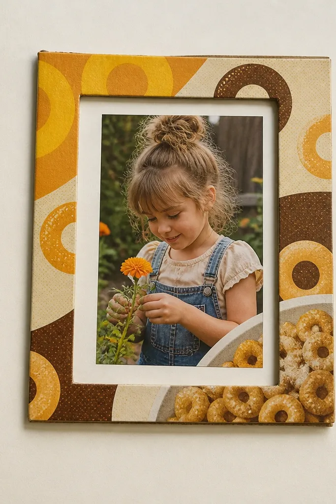 Recycled cereal box frame around a centered on light cardstock