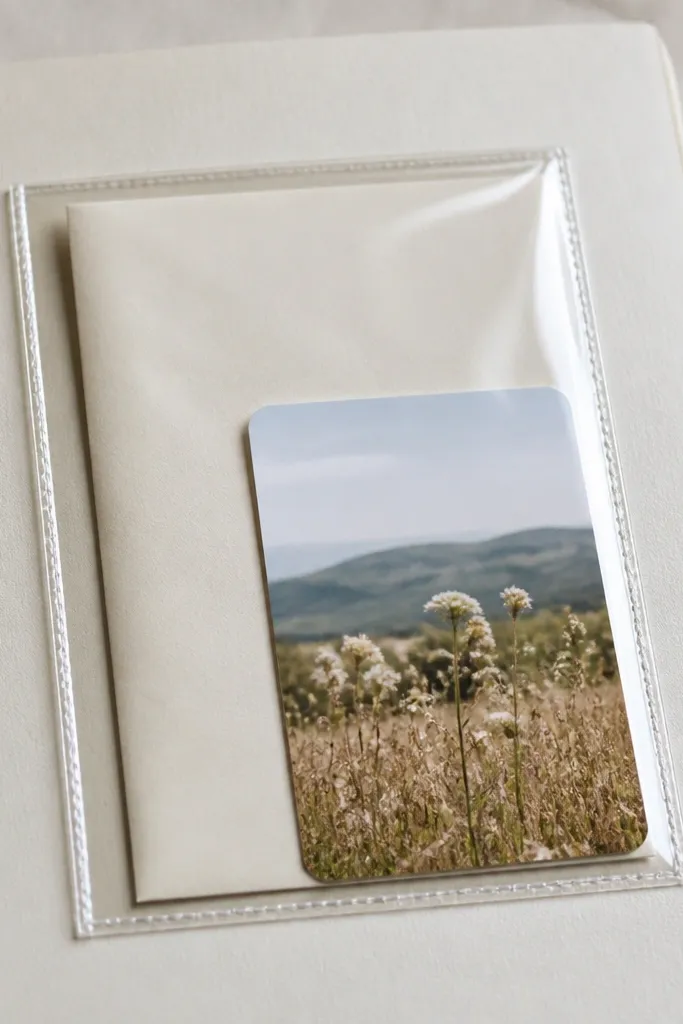 Scrapbook page with a clear pocket sleeve holding a folded note and overlay card