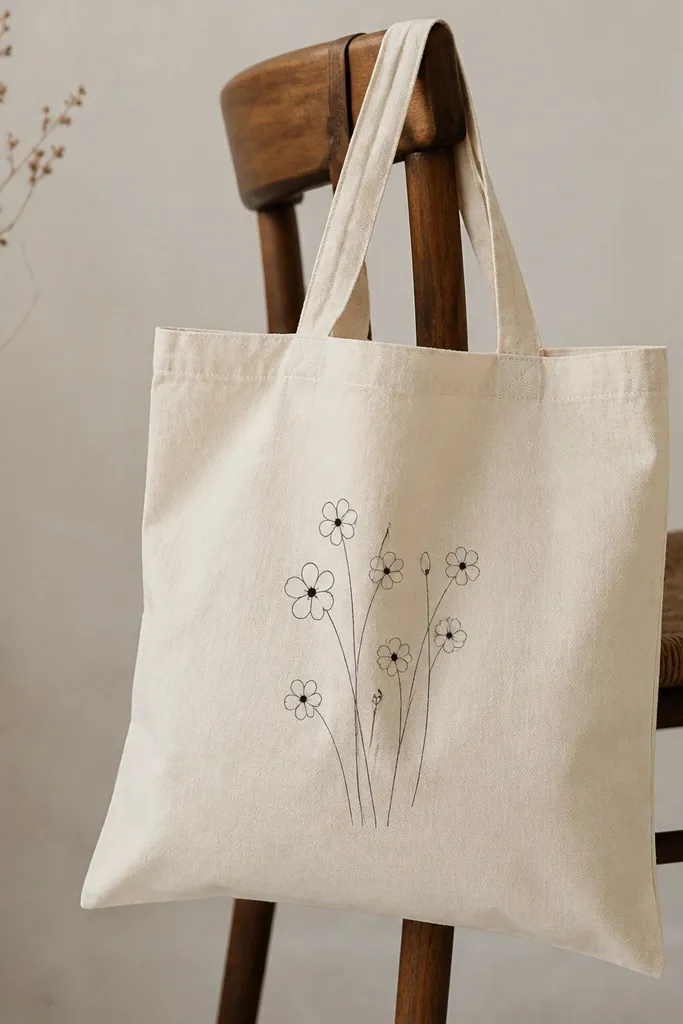 A natural cotton tote bag with a minimalist cluster of thin black stems and simple five-petal line blooms near the center front. The flowers look like small outlines with tiny filled centers, leaving lots of bare fabric around them.