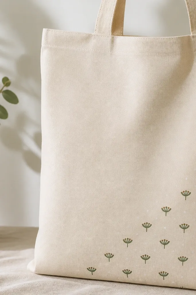 A tote bag corner shows a repeating pattern of tiny sage green half-flowers and cream dots. The design hugs the bottom-right corner in a neat diagonal rhythm, with lots of blank space in the rest of the bag.