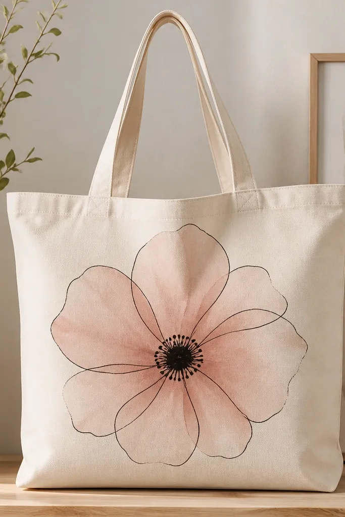 A tote bag shows one larger blush flower with soft, semi-transparent petals. A crisp black outline surrounds the petals and a small black center sits on top of the blush wash, centered on the front.