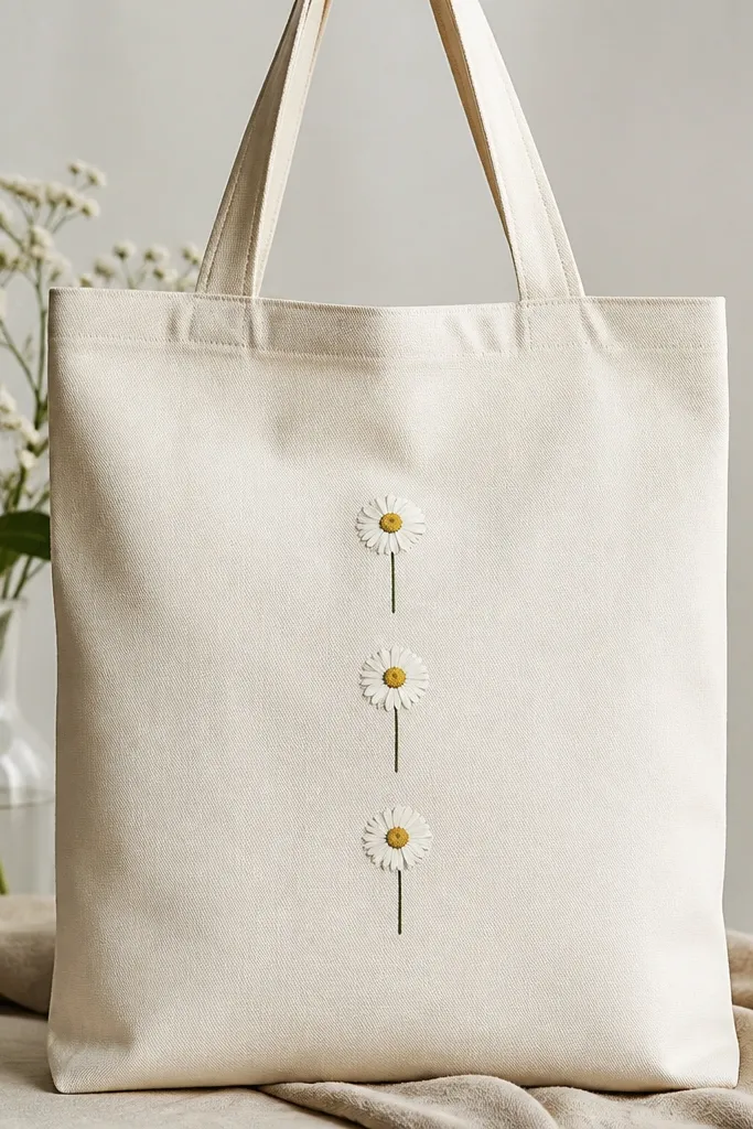 A tote bag front has three small daisies stacked vertically, each with white petals, a yellow center dot, and a thin green stem line. There's a lot of blank space around the trio.
