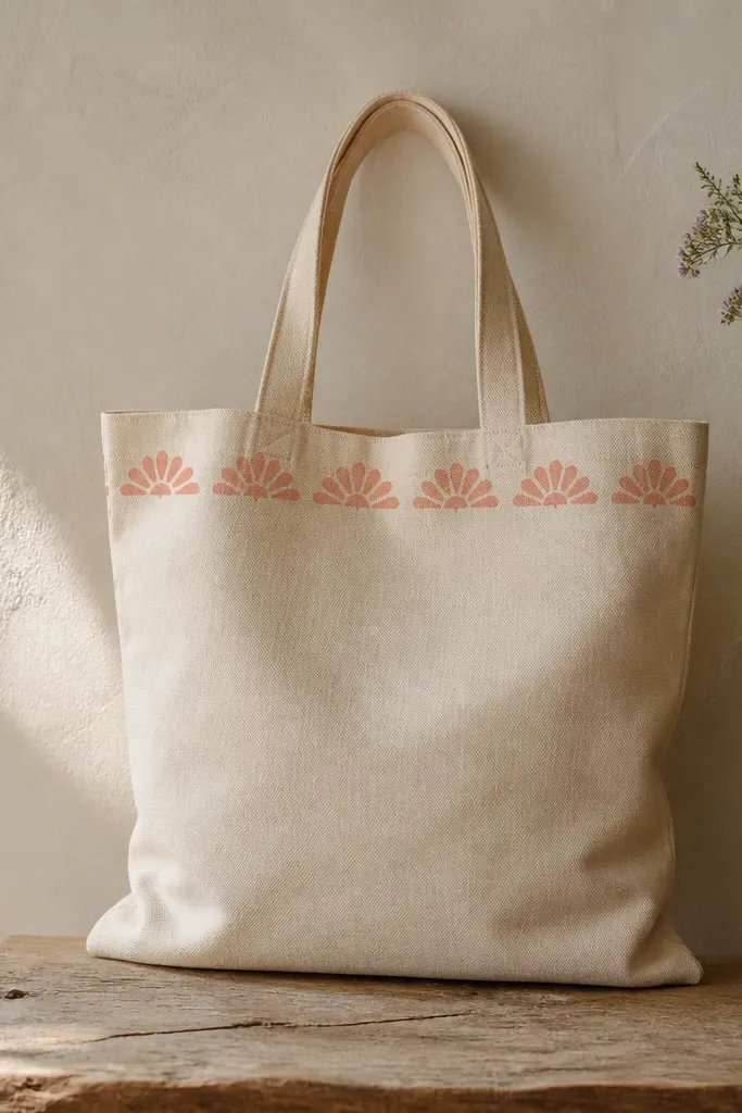 The top edge of a tote bag has a stencil band of half-flowers in muted coral, repeating left to right. Each half-flower points upward, and the band sits just below the handles.