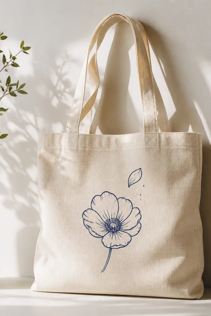 A tote bag has a single indigo flower outline near the center. One extra indigo petal floats slightly above it, like it fell from the bloom, with a few tiny dot accents.