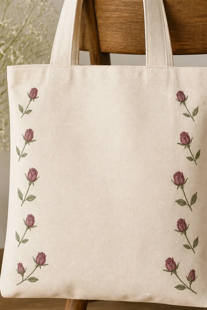 A tote bag front has a staggered border of small rosebuds along the side seam area. The rosebuds are in dusty mauve with small green leaves, leaving a clean center blank.