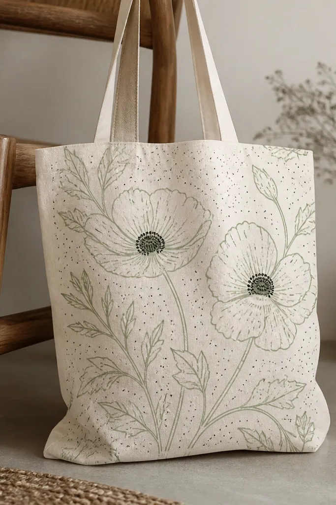 A tote bag shows two-tone line flowers: sage green outlines with black centers. Small black micro dots fill the negative space around the stems.