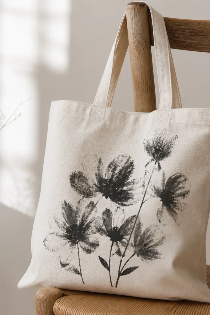 A tote bag has a cluster of monochrome flowers created with a dry brush technique. The petals look textured and slightly speckled in dark charcoal, with sparse stems underneath.