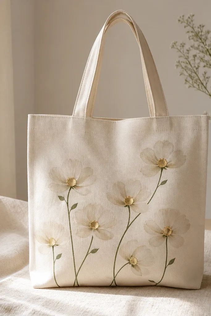 The tote bag front shows cream flowers with slightly translucent petals. Each flower has a gold ring around the center, with a thin green stem and small leaf marks.