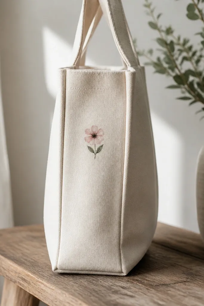 A tote bag side panel has one small flower painted near the upper third. The petals are pale pink with a dark center, and two tiny green leaves sit below.