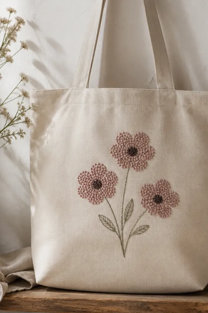 A tote bag front shows a small flower cluster where petals are built from raised dot textures. The dots form petal shapes in dusty rose, with a darker center and subtle stems.