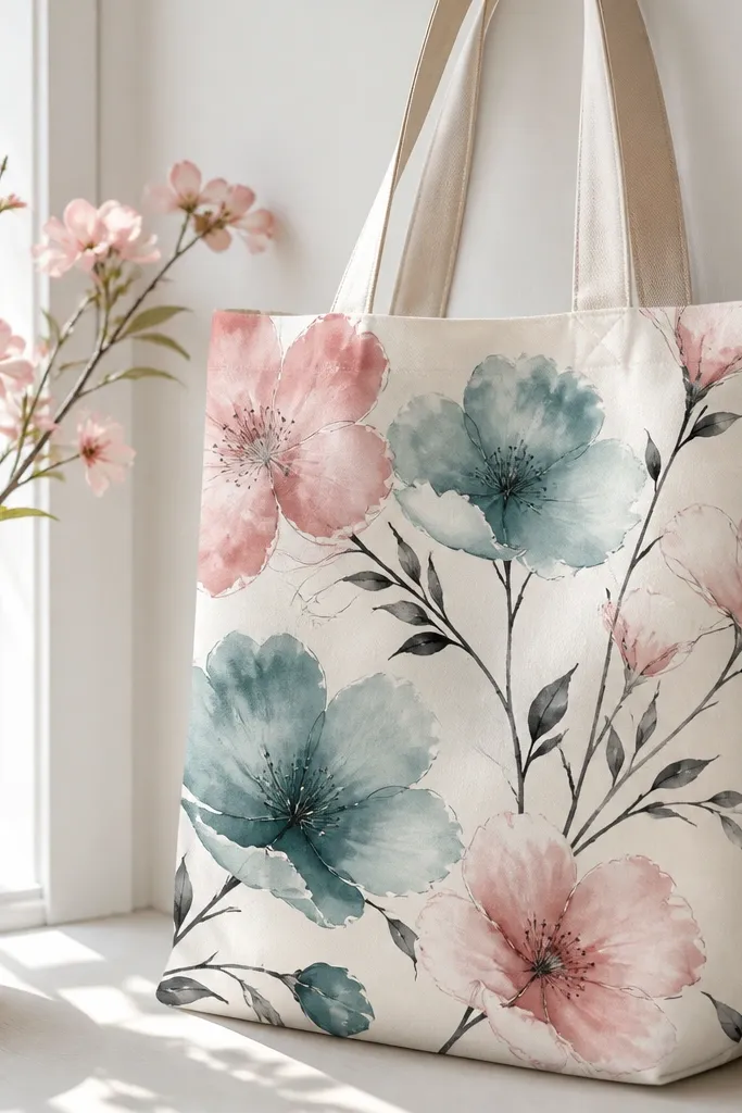 A tote bag shows watercolor-like floral washes in teal and blush. The petals have soft edges, but the stems and a few petal outlines are crisp and dark.