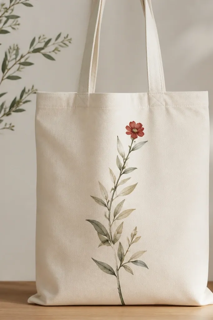 A tote bag front shows a long botanical sprig in muted green and beige leaves. One small red flower sits at the tip of the sprig, making it the only bold color.