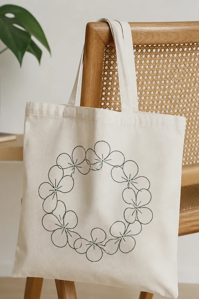 A tote bag shows a monoline flower frame: only outlines of petals in black, with the petals left empty (bare canvas). A tiny green dot center sits inside the outline.
