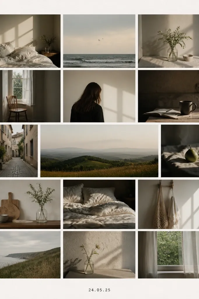 A minimalist collage on matte off-white cardstock with a 3x5 photo grid; one photo in the middle row is wider and spans two columns; thin white margins separate every image; bottom has a small typed date label in black.