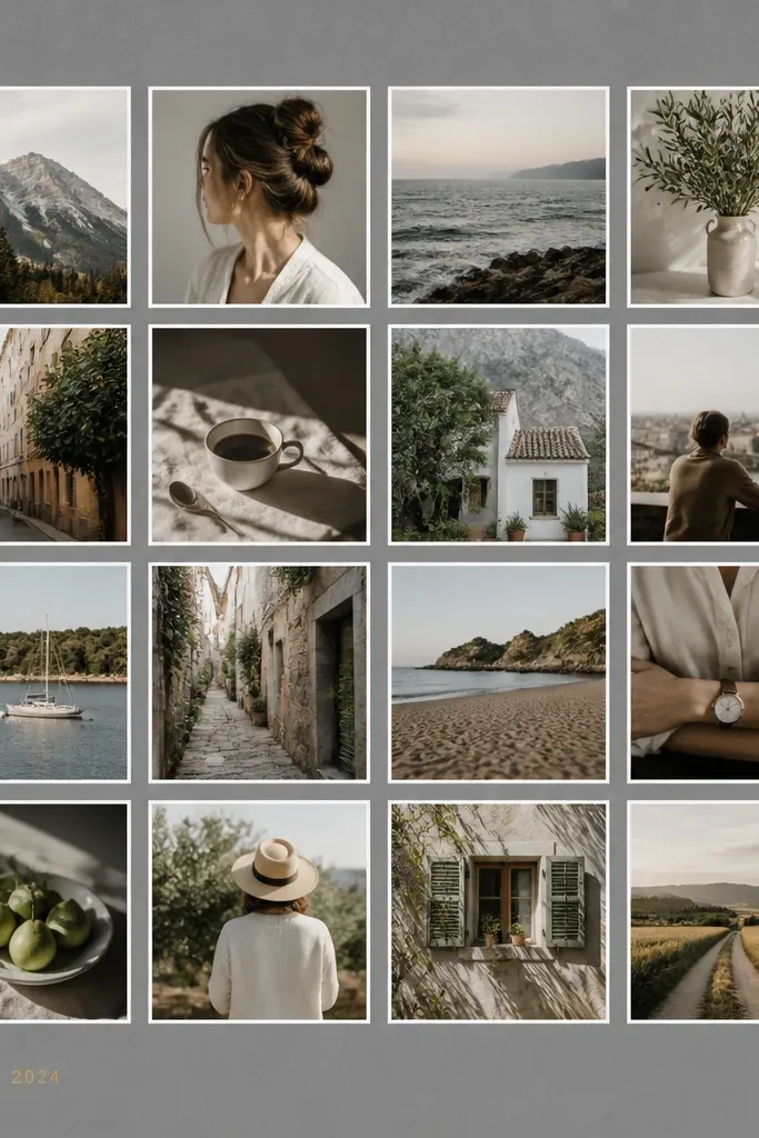 A stone-gray cardstock mat with a 4x4 photo grid; each photo has a narrow white border; the only accent is a small gold foil-style date stamp in the lower left corner.