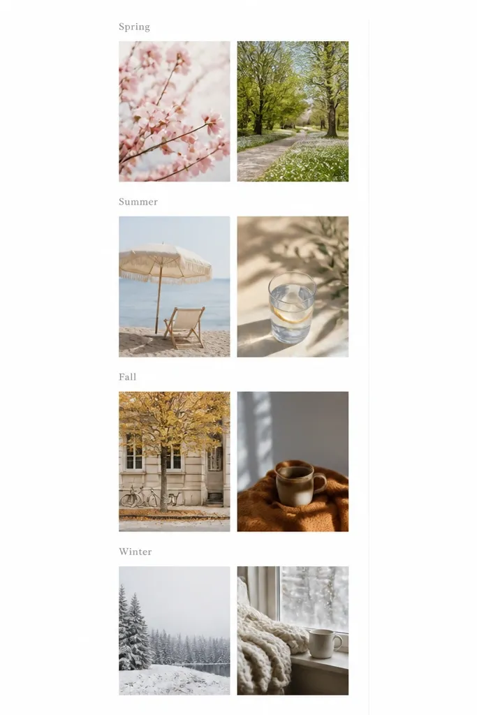 A minimalist vertical collage with a tall strip of photos; sections are labeled "Spring, Summer, Fall, Winter" in small gray type; each section has two photos with generous white spacing.