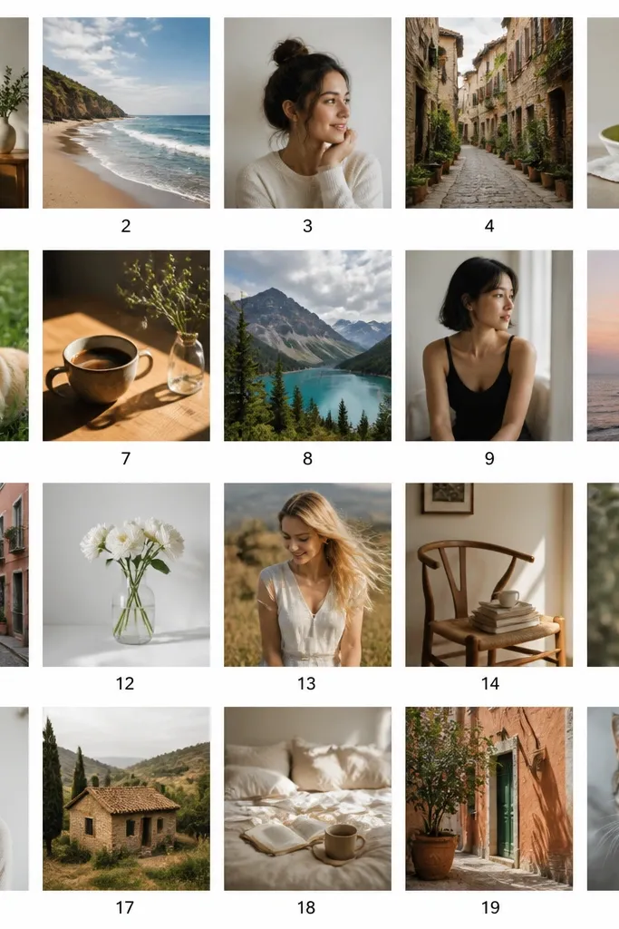 A clean contact-sheet style collage: 20 small photos arranged tightly in a grid, each with a tiny number beneath; background is white, numbers are black, no other decoration.