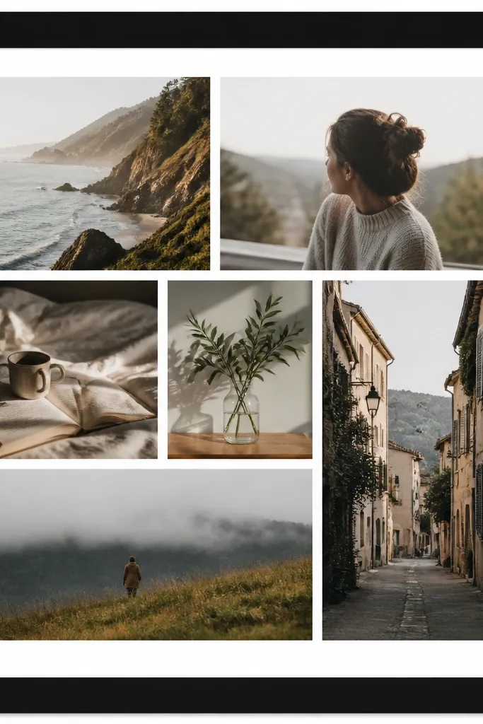 A minimalist collage inside a thick matte-black border; photos sit on a white inner mat with equal spacing; no text except a small year in the bottom right.