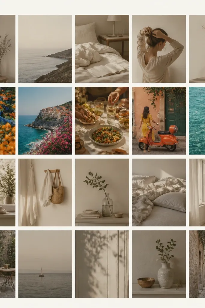 A collage with muted photos in a grid; one horizontal row is noticeably more saturated and colorful; the background is light cream and spacing is consistent.