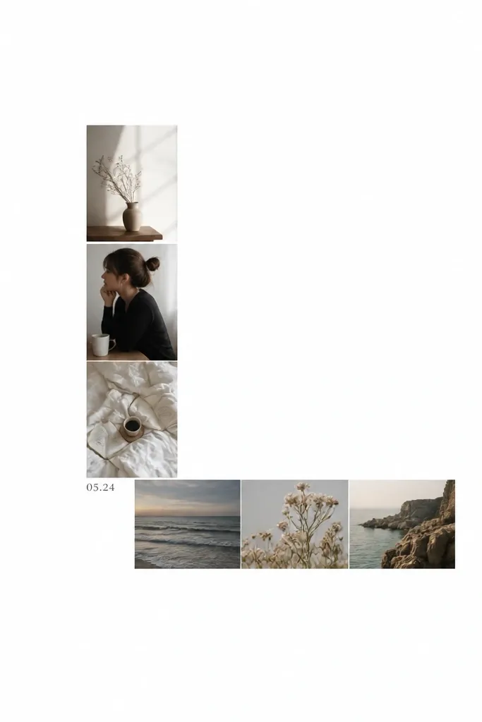 A minimalist collage where photos form an L shape in the center of the page; large white space surrounds the arrangement; only one small date text sits at the corner of the L.