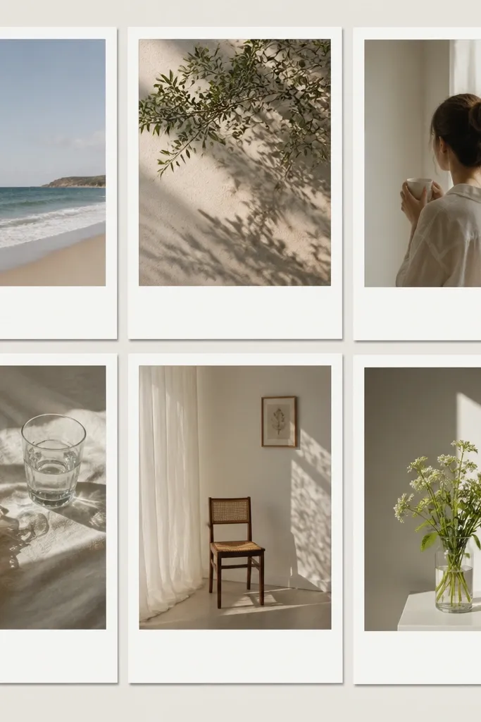 A minimalist collage with faux polaroid frames: thick white photo borders and small shadows are consistent; photos are arranged in a grid; no extra doodles.