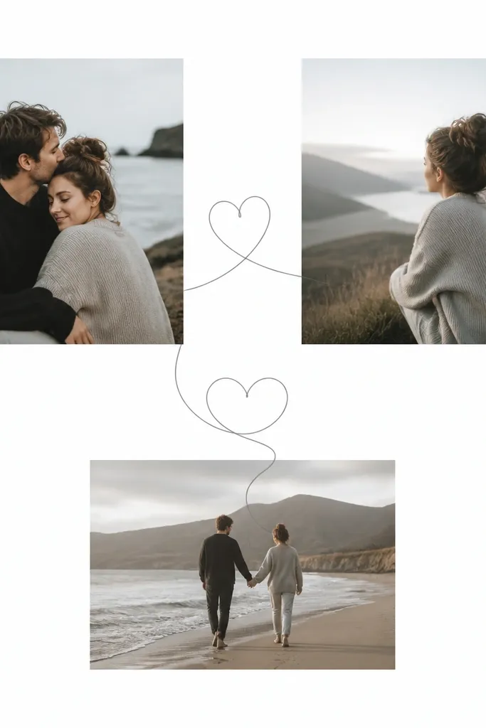 A collage with photos in a minimalist grid; thin gray line art hearts connect two or three photos like wiring; everything else is plain white background.