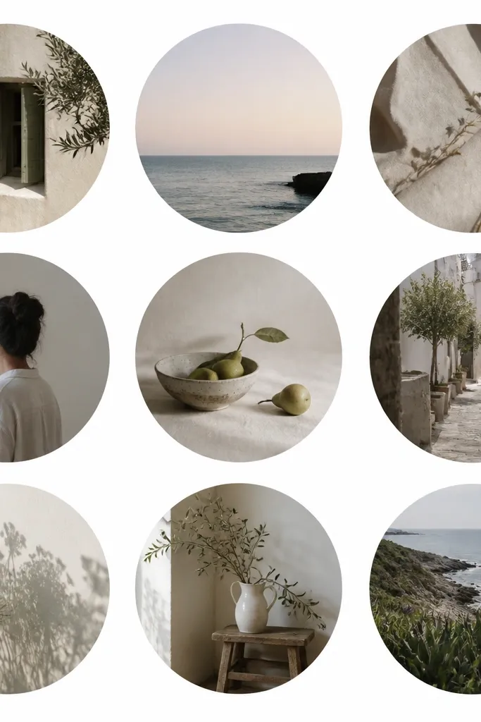 A minimalist collage on white background with square photos; each image is partially masked into a circle window; circles align in a clean grid; no other decoration.