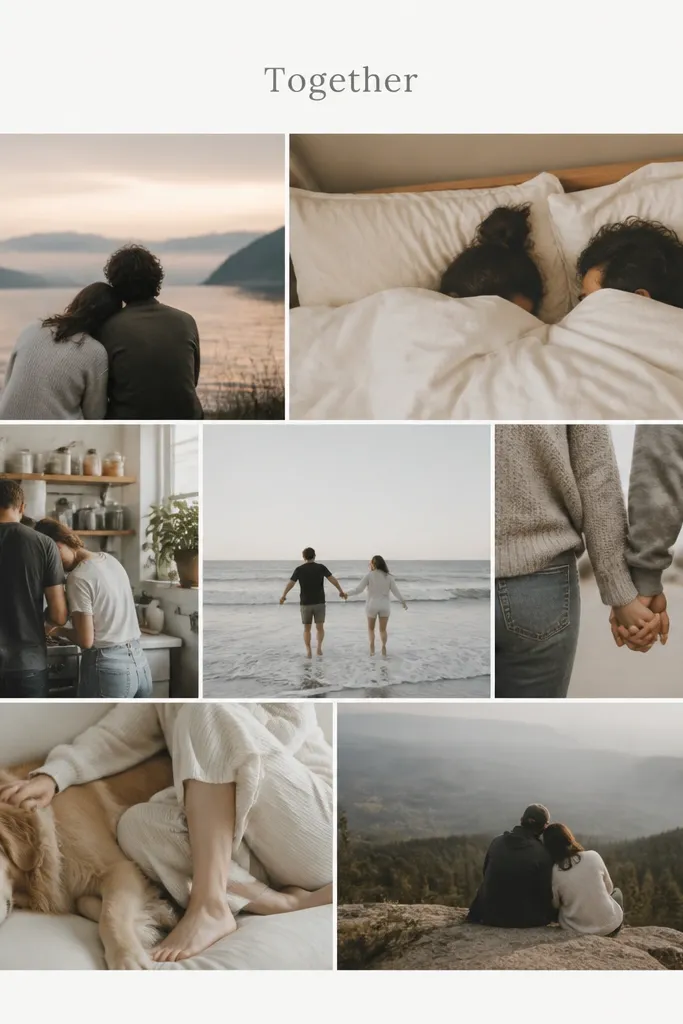 A minimalist collage where photos fill the page in a grid; at the top there's a single small word in gray type, like "Together"; no other text.