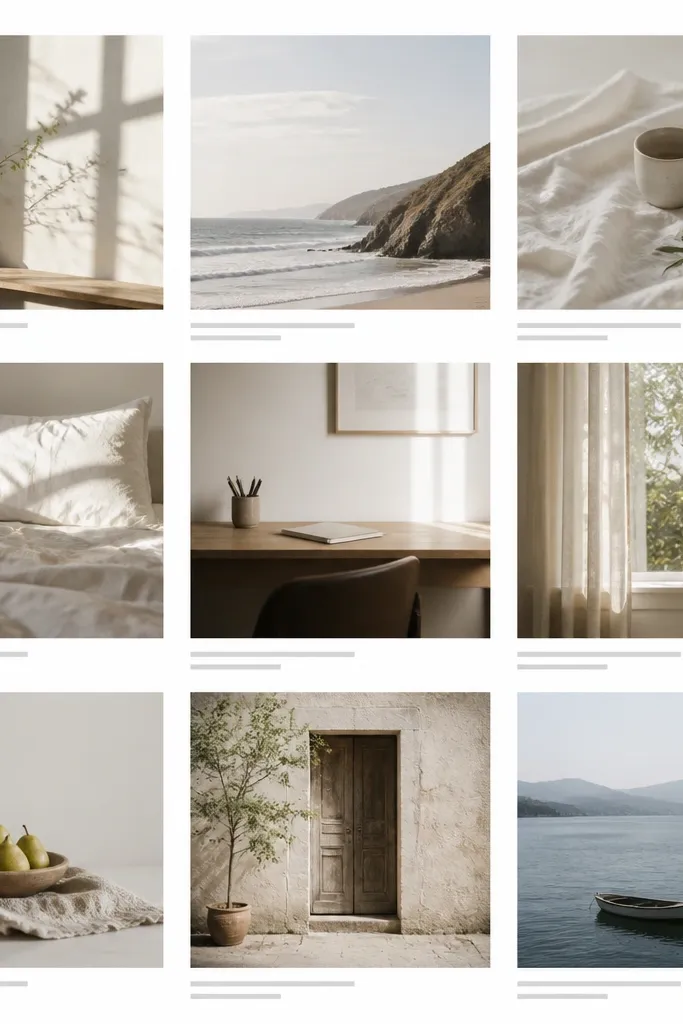 A minimalist photo grid with tiny caption lines under each image; captions are in small gray text, aligned left; background is white.