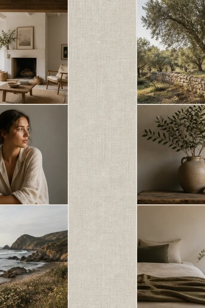 A collage with a narrow vertical fabric strip in light neutral (linen texture) running through the center; photos are mounted on both sides with equal spacing; no other decorations.