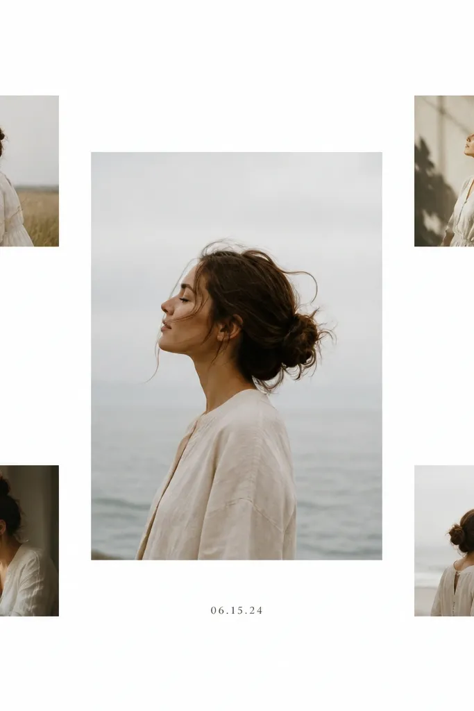 A minimalist collage with one large central photo; four smaller photos sit around it like satellites; lots of white space; a small date label sits beneath the center photo.