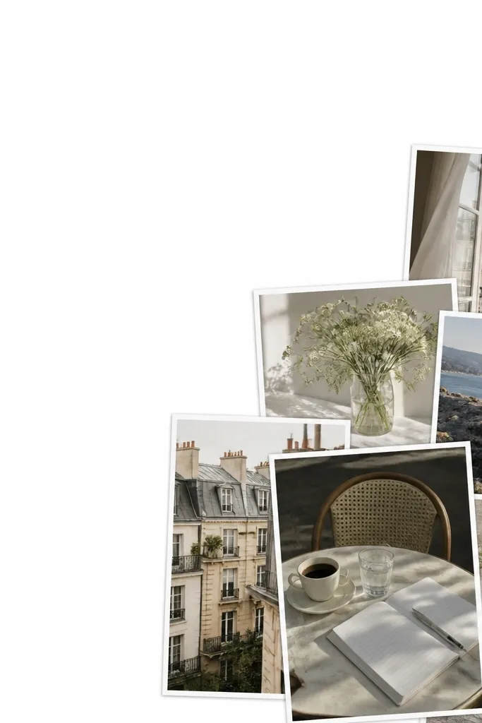 A minimalist collage where most photos stack in the bottom-right corner; a small date block sits in the top-left; white background with thin photo borders.