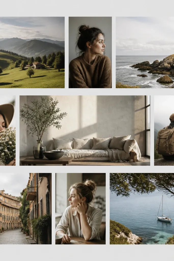A collage with horizontal bands; within each band, photos alternate landscape and portrait orientation; consistent margins and a light gray background.
