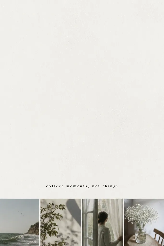 A minimalist collage with a big clean top area; a photo strip runs along the bottom edge with small square photos; a small typed phrase appears above the strip.