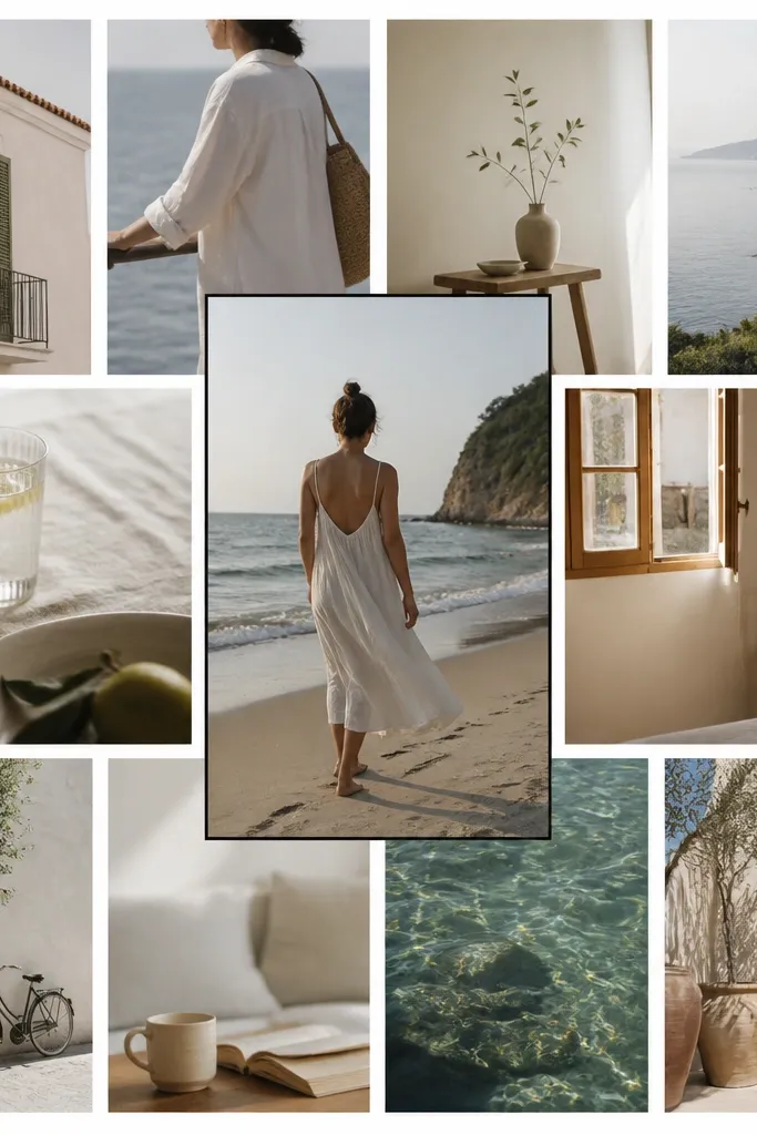 A minimalist 3x4 grid of bordered photos; one vertical photo is taller and sits in the center with a thin black frame; everything else has white borders.