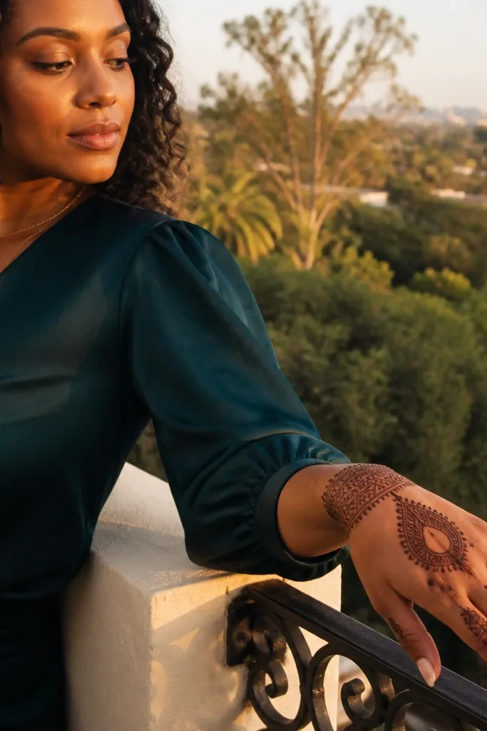 Mehndi with a thick wrist band and a centered teardrop leaving clear space