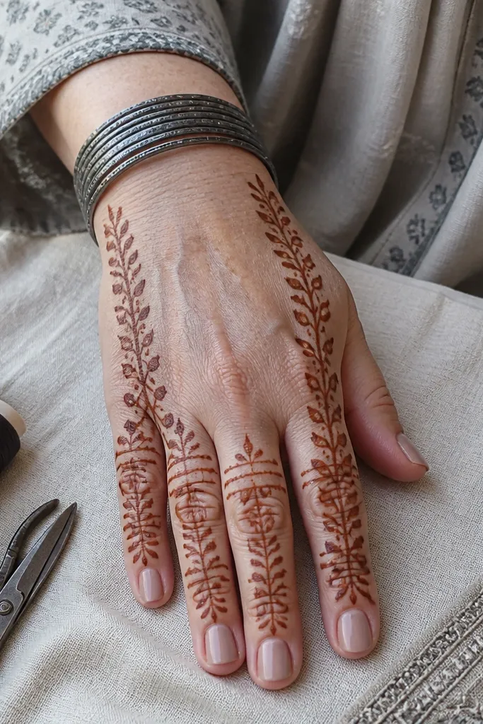 Back hand mehndi with side vines and thin ladder-like strips on fingers