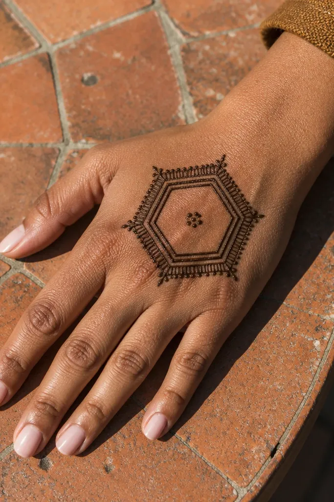 Mehndi with a hexagon border around the back of the hand and a small center motif