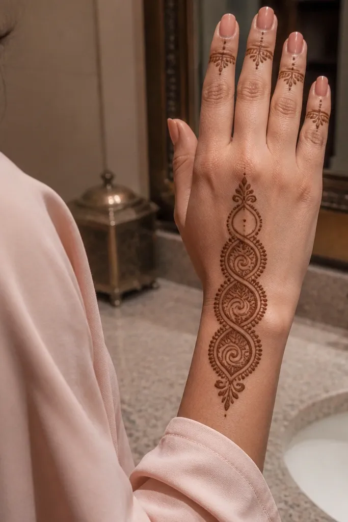 Stacked paisley motifs down the center of the back hand with thin side lines