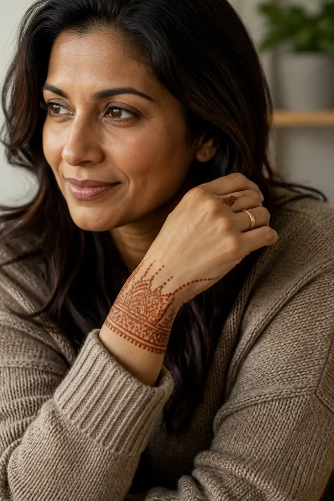 Mehndi with a crown-like wrist pattern and a halo around the ring finger base