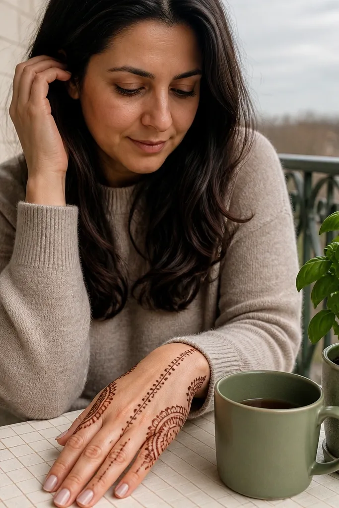 Back hand mehndi with thin center stem and half-moon fills on both sides