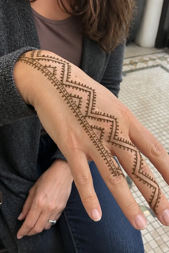 Zigzag ladder pattern across back hand with thin borders near wrist and fingers