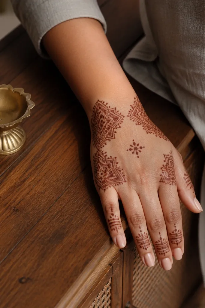 Back hand mehndi with corner blocks and a clean central empty space