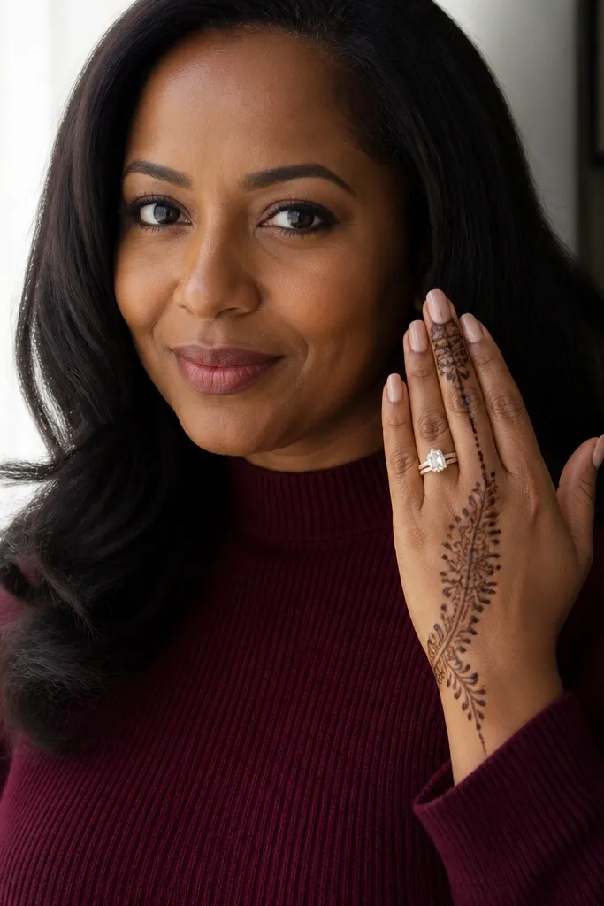 Ring finger has a bold motif with lace-like vines on both sides
